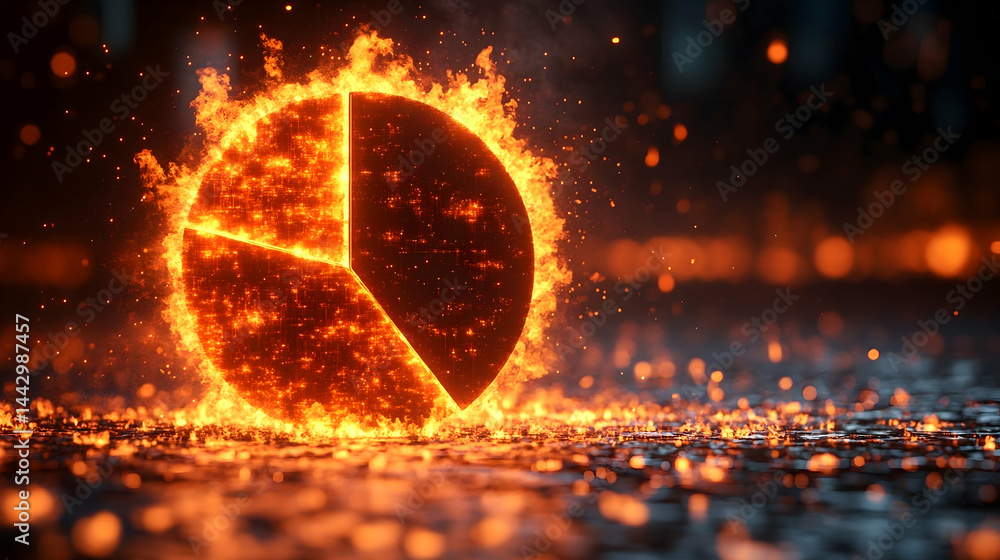 Poster a fiery orange graph with three pieces burns in the dark with orange and blue bokeh in the backgroun