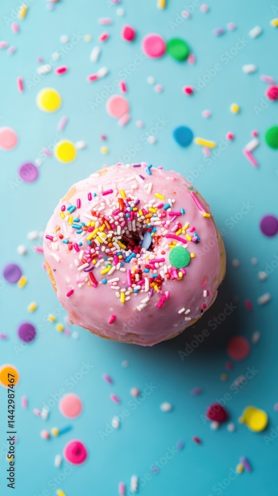 Poster delicious pink frosted donut with colorful sprinkles on a light blue background creating a cheerful 