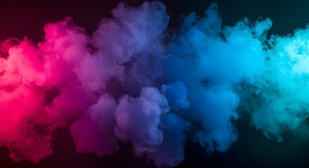 Fototapeta premium AI image presents dense clouds of vibrant smoke in striking pink, blue, and cyan hues billowing against a stark black background.