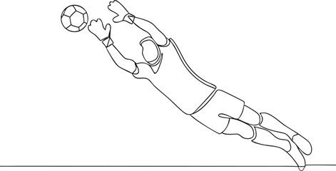 Continuous line drawing of a soccer goalkeeper making a mid-air save in dynamic minimalist black and white style


