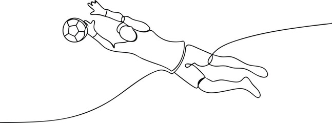 Continuous line drawing of a soccer goalkeeper making a mid-air save in dynamic minimalist black and white style

