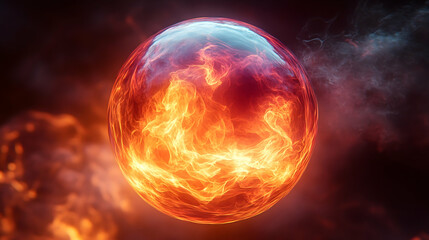 Obraz premium A fiery sphere glows with red and orange light in a dark smoky expanse hinting at power and energy