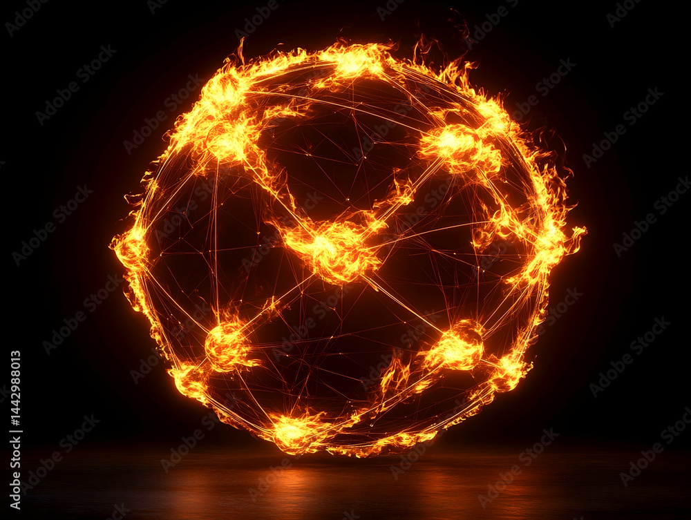 Aufkleber a fiery sphere with points connected by lines glowing brightly against a dark background