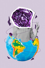 Pop zine 3d image collage of headless girl guy stand save earth protection rubbish half globe bag...