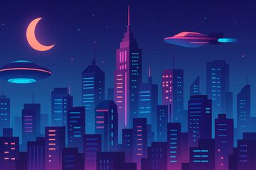 Neon city skyline at night with ufo and moon illustration in futuristic style vector background