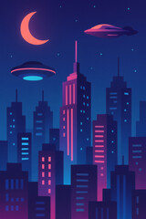 Fototapeta premium Neon cityscapes with ufo sightings and crescent moon in the night sky digital art illustration