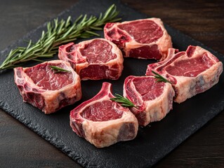 Elegant Arrangement of Raw Lamb Chops on Slate with Rosemary Culinary Still Life Delicious Meat Cuts