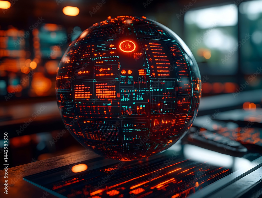 Aufkleber a futuristic glowing orb is displayed with panels and gridlines sitting on a futuristic table