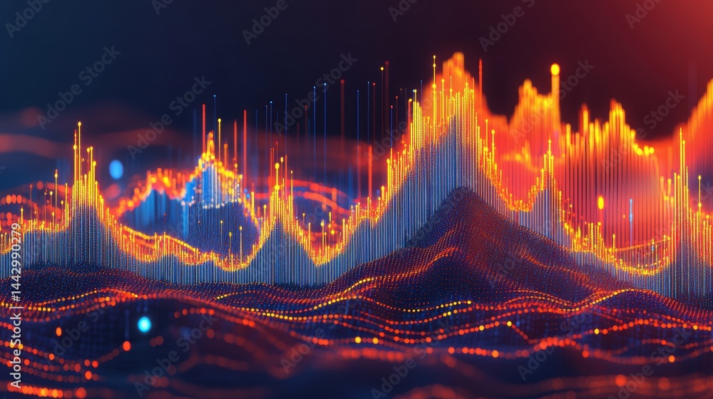 Poster dynamic abstract landscape visualization with connection lines and glowing dots in orange and blue h