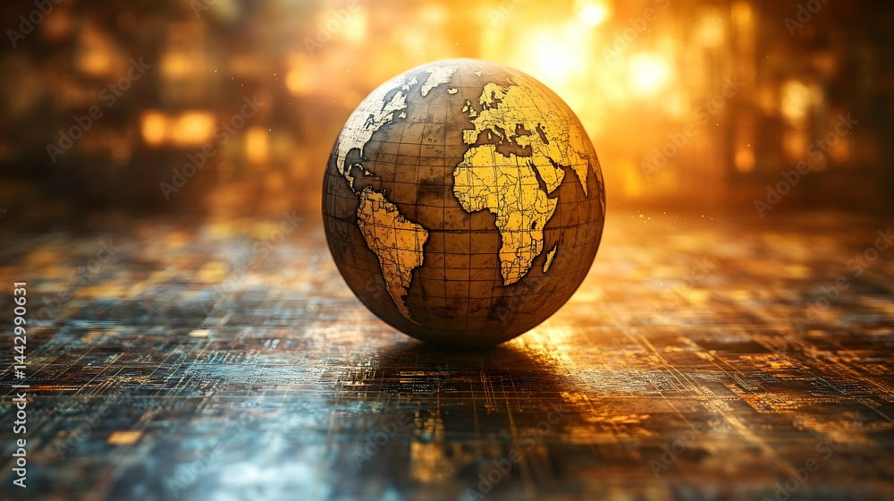 Aufkleber a globe featuring continents sits upon a grid pattern with a soft blurred glowing background