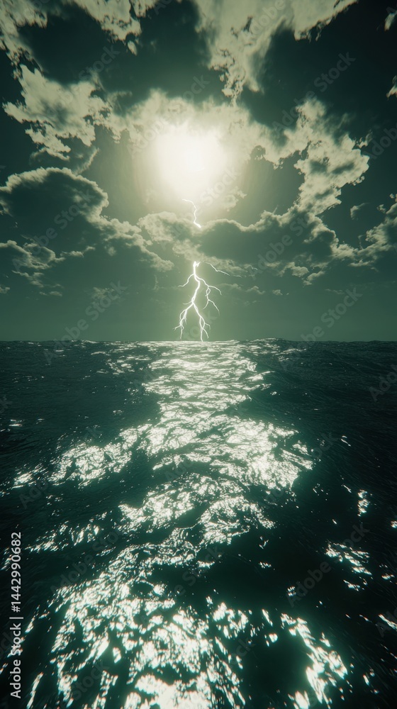 Poster dramatic seascape featuring a lightning strike over a turbulent ocean under a cloudy sky creating a 