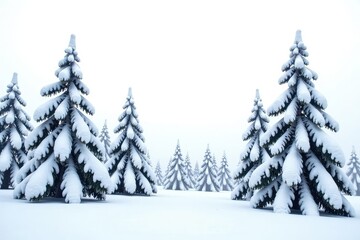 Obraz premium Snow-covered pine trees against a bright white background, winter, landscape