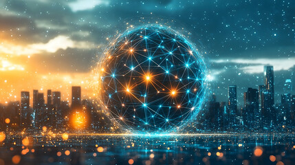 Fototapeta premium A glowing network sphere hovers over a cityscape at dusk with orange and blue lights reflecting