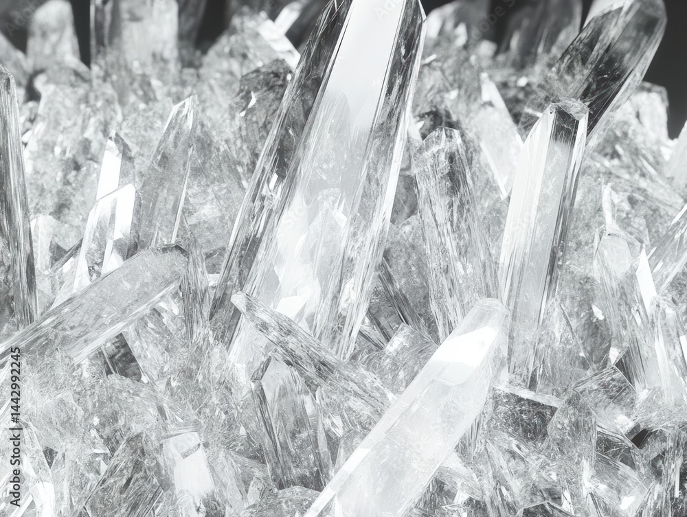 Poster abstract crystal cluster of sparkling translucent quartz on dark background mineralogical gemstone s