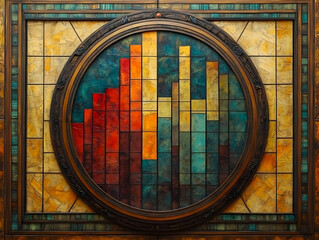 A stained glass artwork of colorful rectangles inside a circular frame creating abstract yet captivating wall art