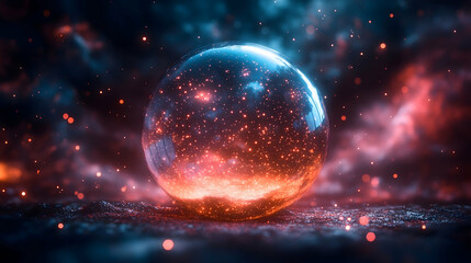 Fototapeta premium A glowing orb sits on a surface surrounded by fiery particles and nebulous clouds in shades of red and blue