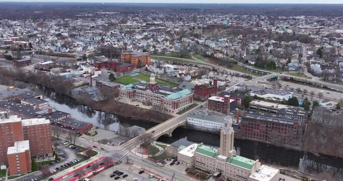 Pawtucket RI, USA - April 5, 2025:  Aerial video of downtown Pawtucket and the surrounding area.
