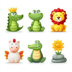 Naklejka premium Charming Cartoon Animals Crocodiles, Lion, and Winged Pony Illustrations