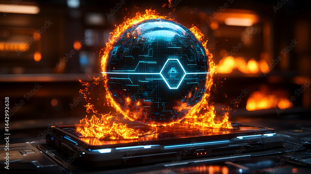 Poster a glowing orb with tech patterns sits atop a tech surface engulfed in flames against a dark backdrop
