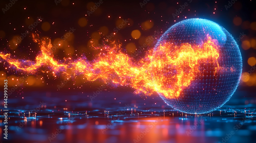 Aufkleber a glowing sphere emits a trail of fiery particles across a reflective surface with bokeh lights in t