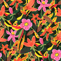 Seamless pattern with  flowers.  Drawing with markers. Hand-drawn illustration.