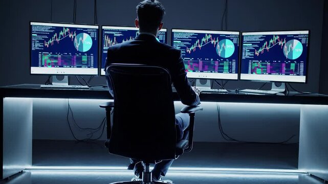 Professional desk monitors trading data on screens. Analytics tools display future crypto trends. Technology supports decisions. Trading charts shift in real-time using crypto analytics data streams