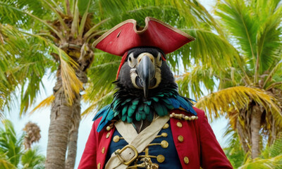 Obraz premium A colorful parrot wearing a pirate costume perches near palm trees