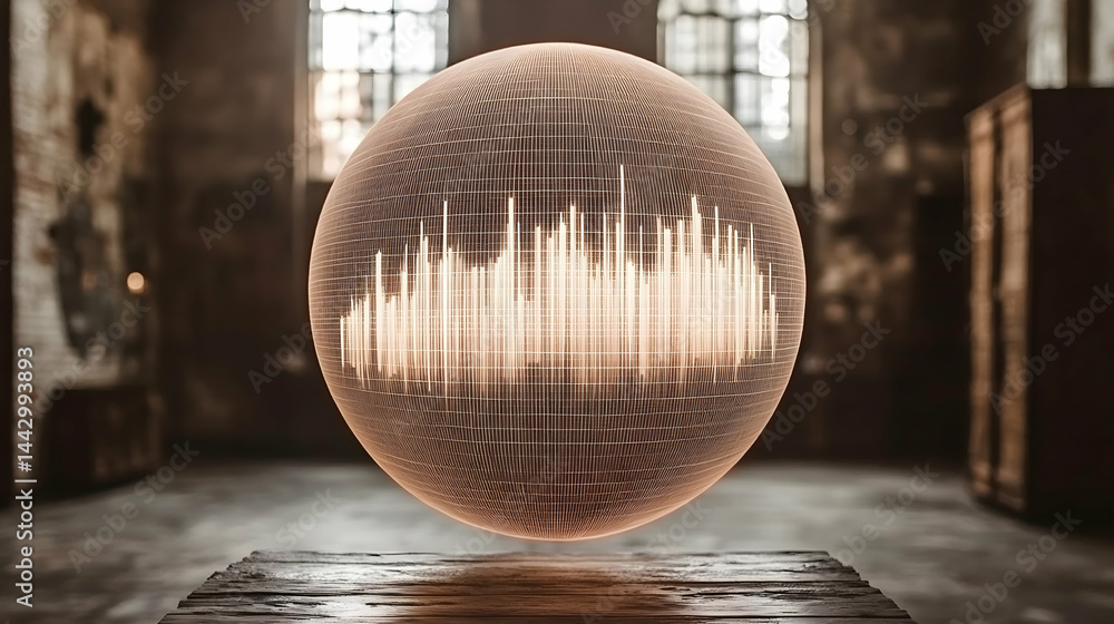 Poster a glowing wireframe sphere with data visualization in a rustic room on top of a weathered wooden sur