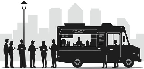 Food Truck Silhouette with Customer Line, Urban Scene
