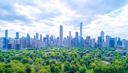 Lush green park contrasts with a vibrant city skyline under a partly cloudy sky