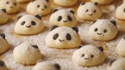Cute panda cookies on floured surface