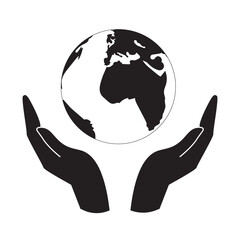 World ecology icon with hands holding the globe illustration in bold black design on white background with copy space