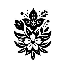 Fototapeta premium Elegant Black and White Stylized Floral Motif. Bold Graphic Botanical Design Element. Isolated Silhouette Illustration.