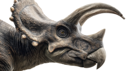 A detailed close-up of a dinosaur's head showcasing its features. transparent background