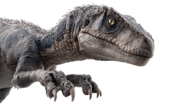 A detailed close-up of a dinosaur head with striking features. transparent background