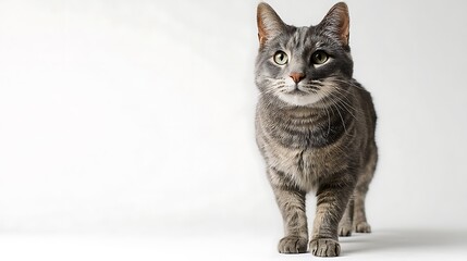 Gray tabby cat walking towards camera