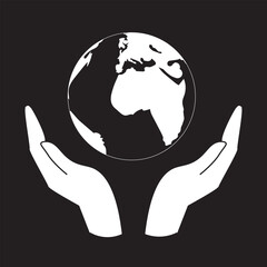 World ecology icon with hands holding the globe illustration in bold black design on white background with copy space