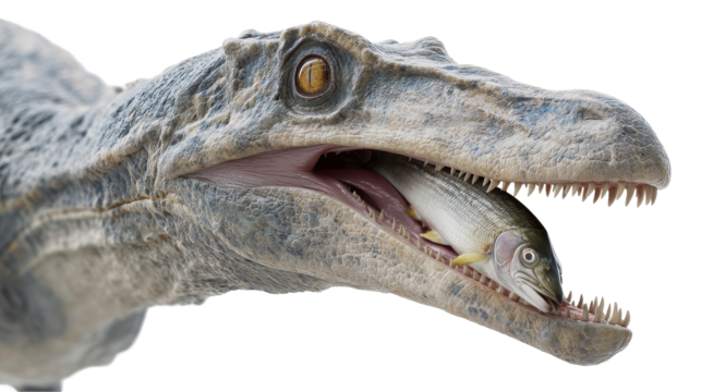 A prehistoric creature with sharp teeth catching its prey. transparent background