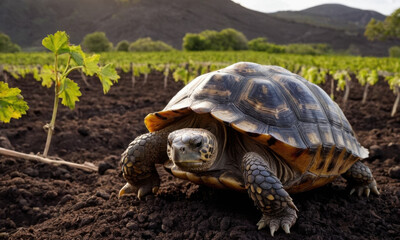 A single turtle sitting in a green field with wildflowers and grass