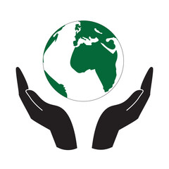 World ecology icon with hands holding the globe illustration in bold black design on white background with copy space