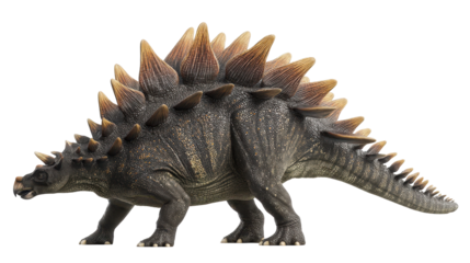 A realistic model of a stegosaurus dinosaur in profile view. transparent background