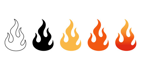 Set of five flame icons showing progression from black outline to colorful gradient fill, ideal for creative design or branding. Vector illustration