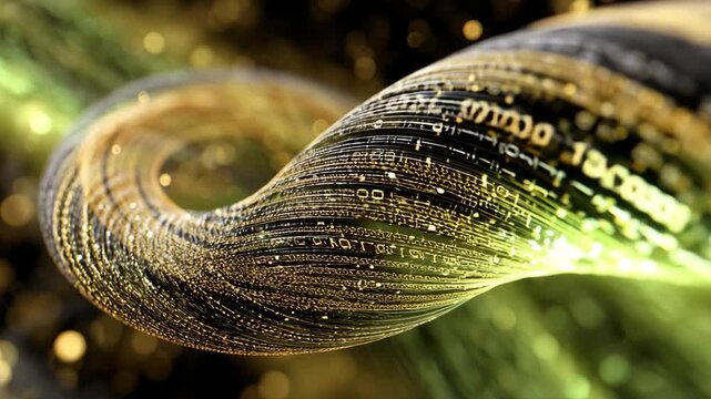 Abstract 3D digital DNA strand with glowing code particles, futuristic biotech data structure and genetic algorithm concept, bioinformatics design in green technology flow ,futuristic biotech data str