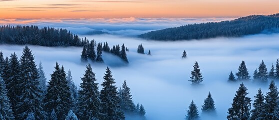 Fototapeta premium Misty Forest Landscape at Dawn with Foggy Valley and Evergreen Trees in Winter Season, Capturing the Serene Atmosphere and Tranquil Beauty of Nature from High Angle View