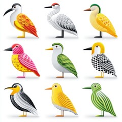 Fototapeta premium Nine Colorful Pixel Art Birds on White Background