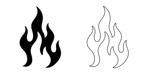 Two stylized flame illustrations, one in bold black fill and one in minimalist outline, perfect for logos, tattoos, or designs. Vector illustration