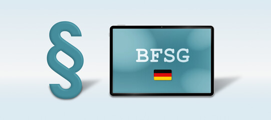 BFSG Header Grafik - Barrierefreiheitsstärkungsgesetz Symbolbild mit Tablet und deutscher Flagge und Icon für Recht