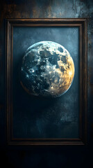 Framed cosmic sphere with craters half light half shadow on a textured dark background