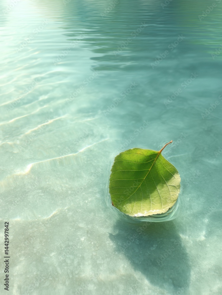 Poster serene leaf floating on tranquil water surface reflecting sunlight creating peaceful scene with ripp
