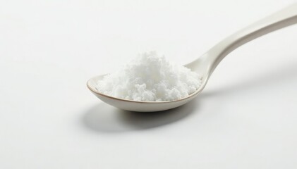 Spoonful of white sugar against white backdrop, white background, shiny, ingredient photography